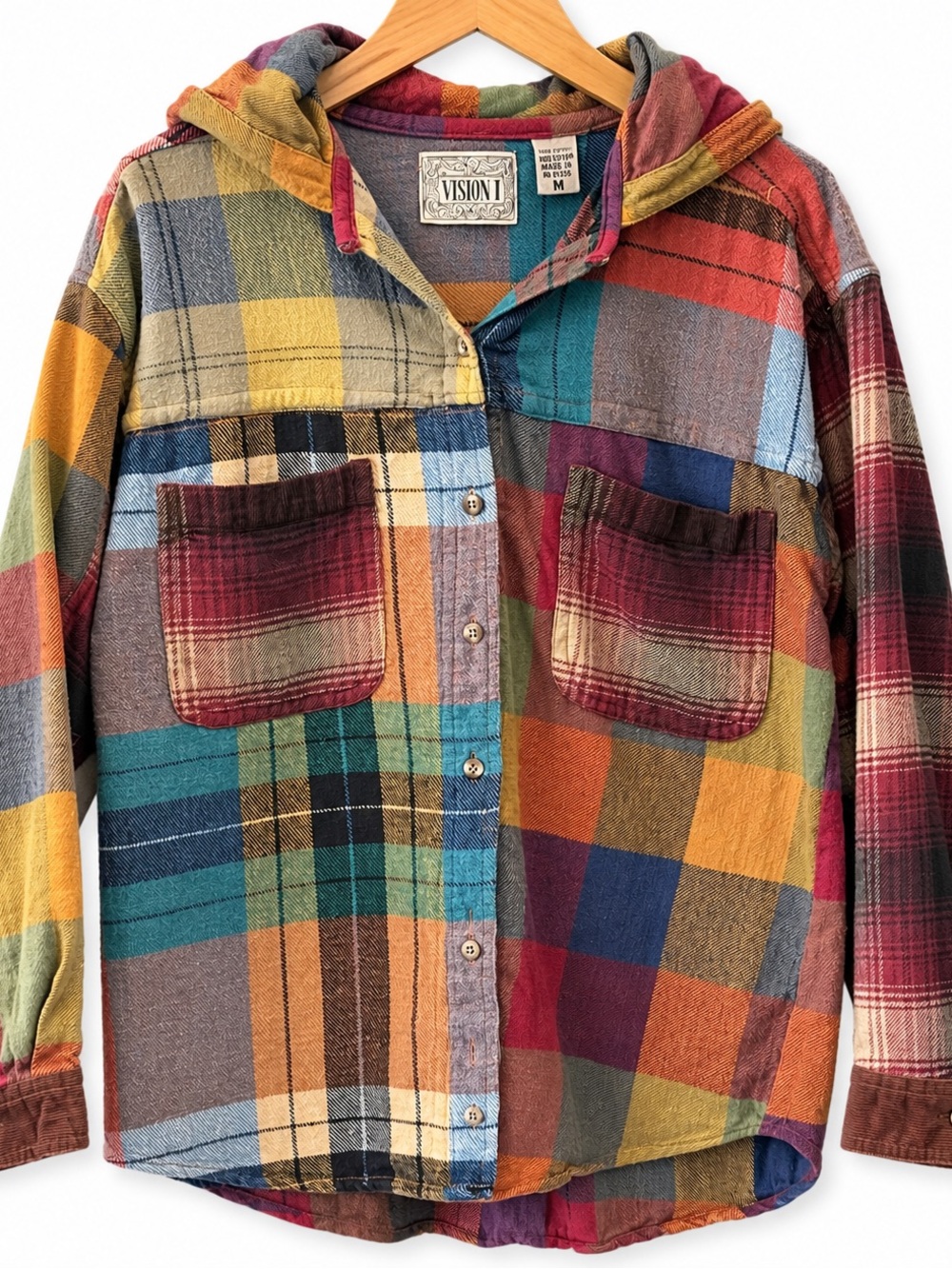 Vision I Patchwork Plaid Hooded Flannel Shirt Jacket Shacket Size M